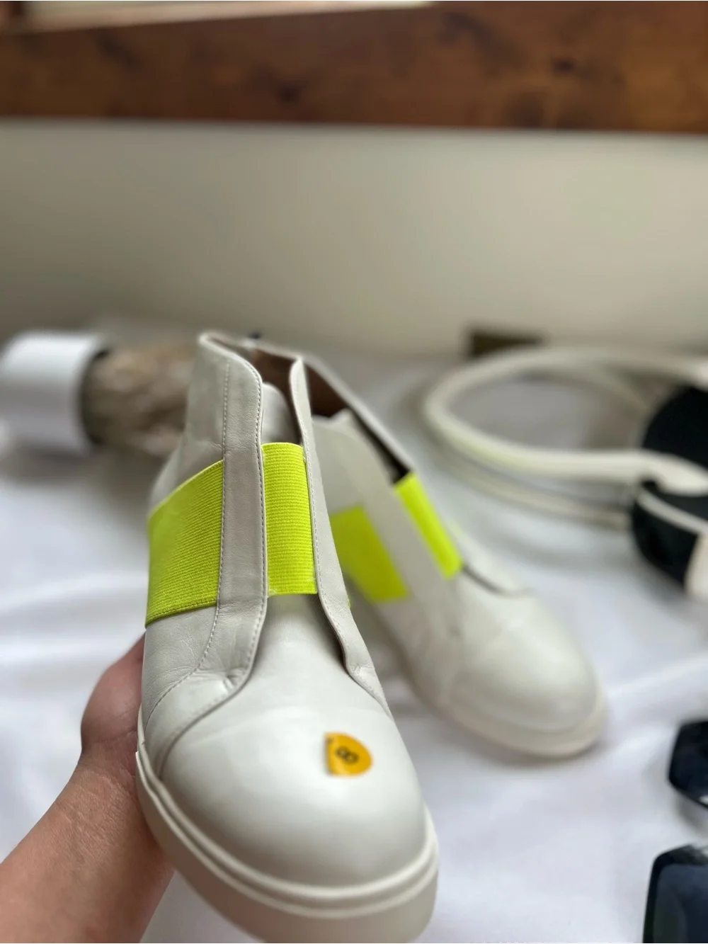 Paolo White Ankle Boots with Neon Yellow Elastic Band 8